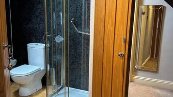 A modern bathroom with a glass shower enclosure, a toilet, and a wooden vanity.