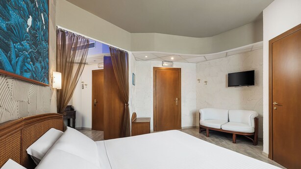 A hotel room with a large bed, a sofa, a TV mounted on the wall, and a wooden door. - Welcome Hotel Legnano (Legnano)