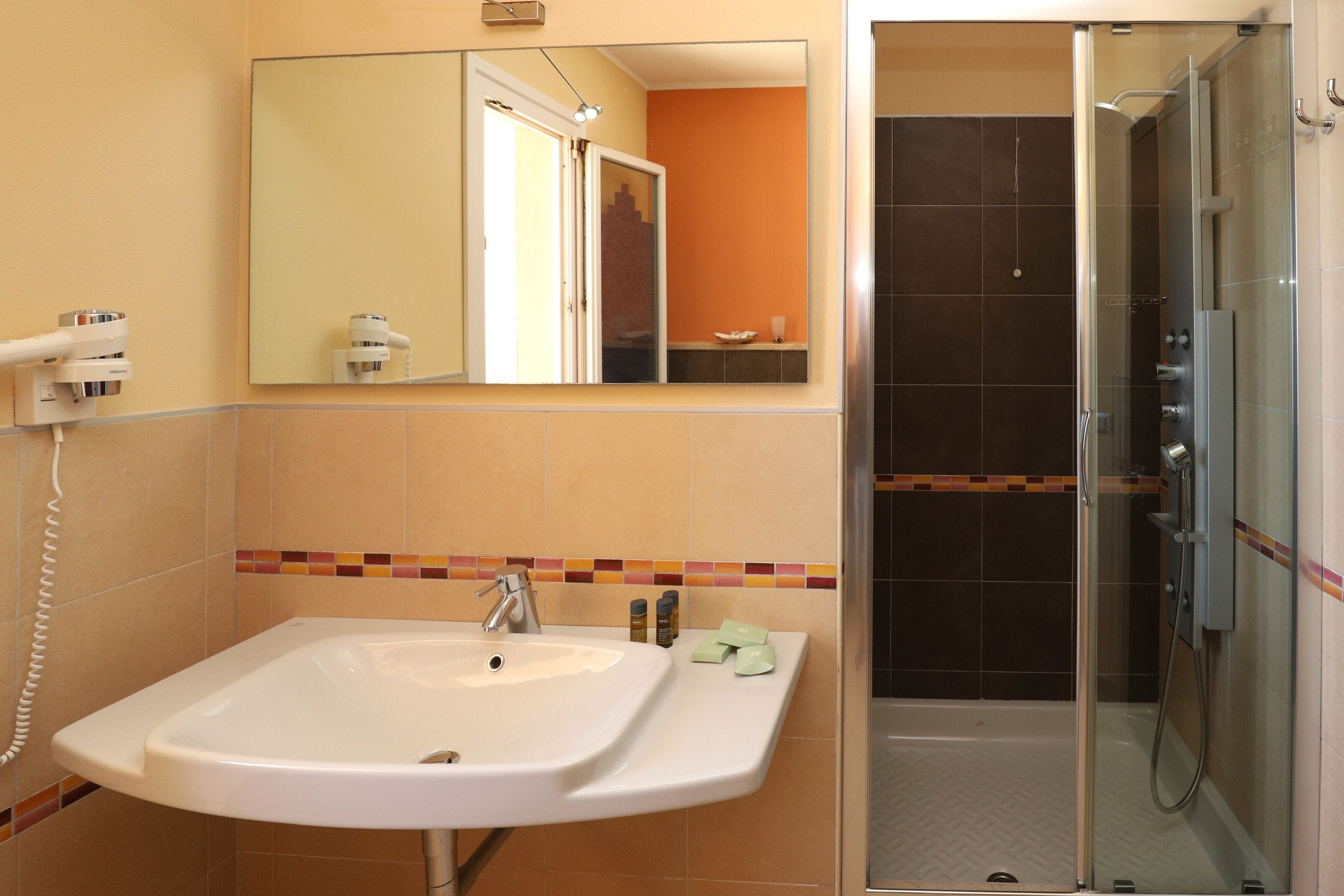 Une salle de bain avec un lavabo, un miroir et une douche.