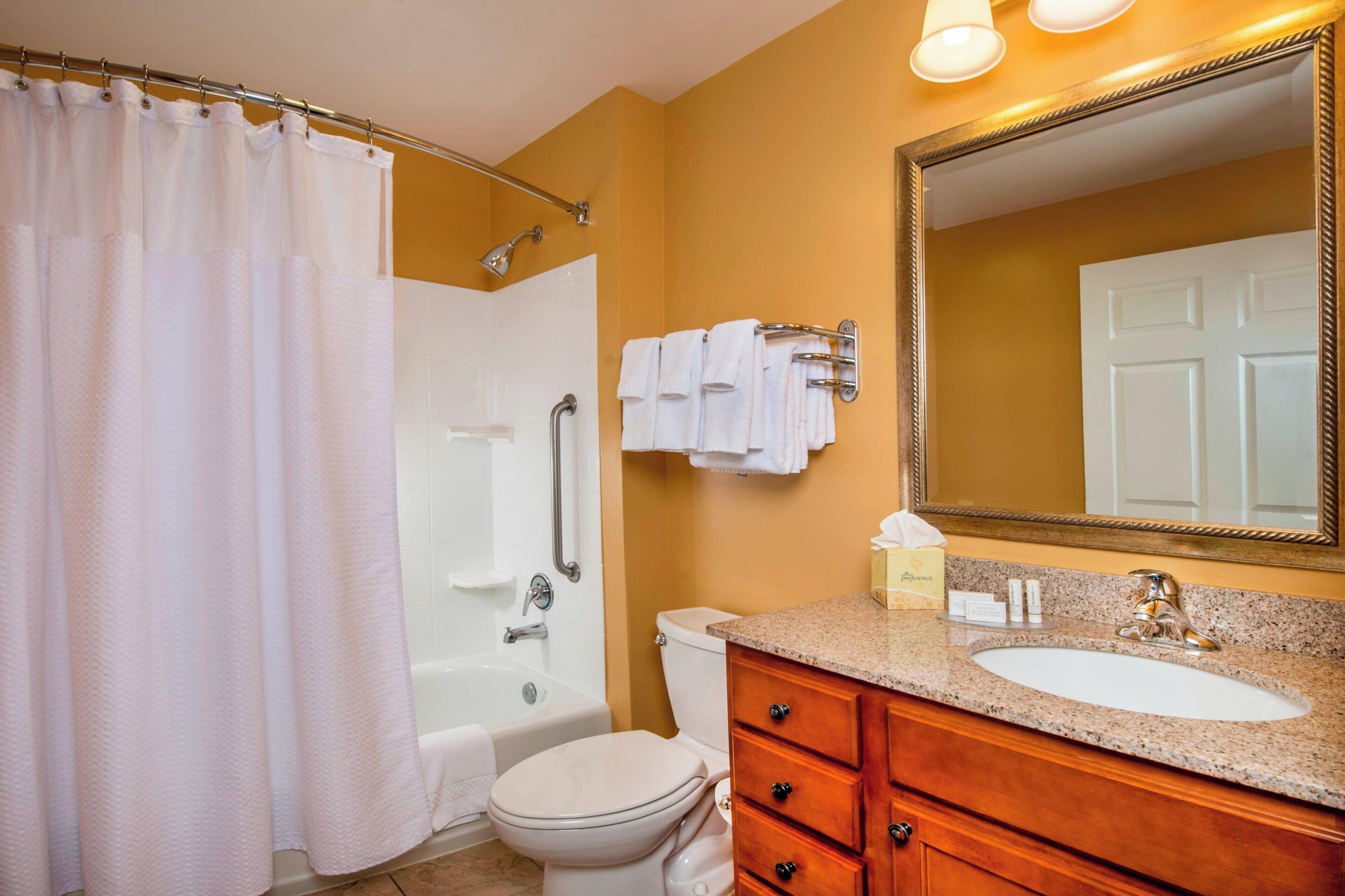 combined shower/bathtub, free toiletries, hair dryer, towels