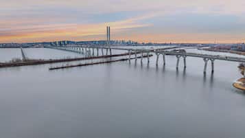 A bridge over a river with a city skyline in the background.