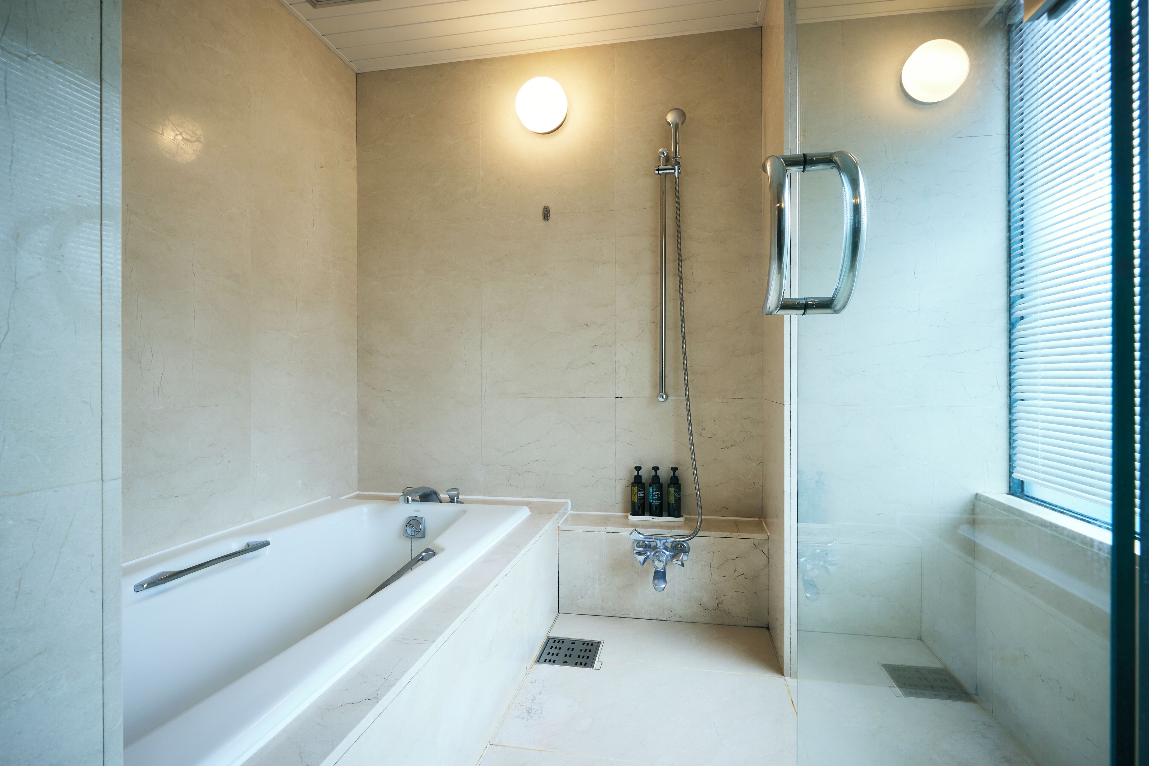 A modern bathroom with a bathtub, shower, and toilet.