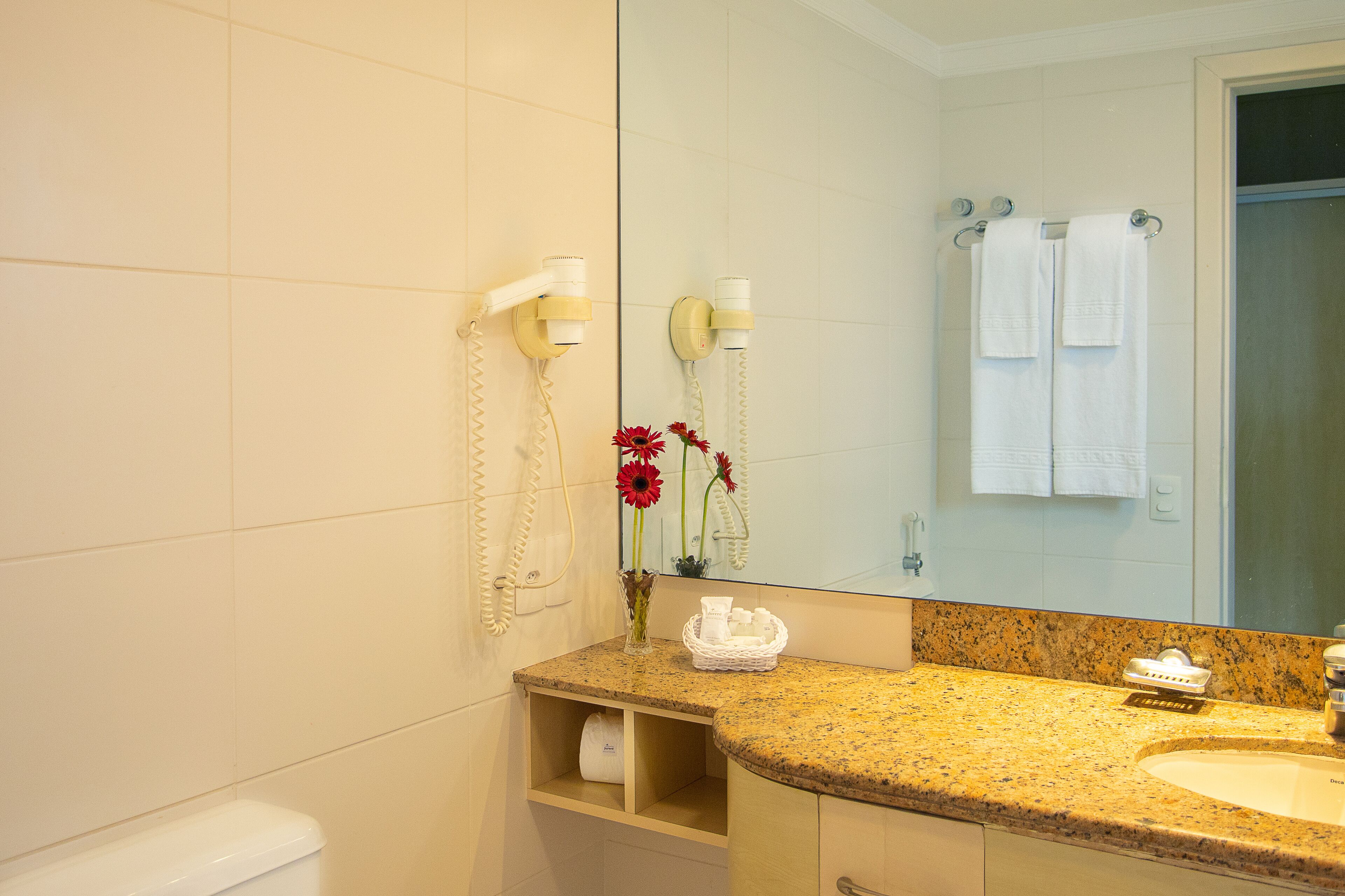 Ein Badezimmer mit Waschbecken, Spiegel, Handtuchhalter und Toilette.