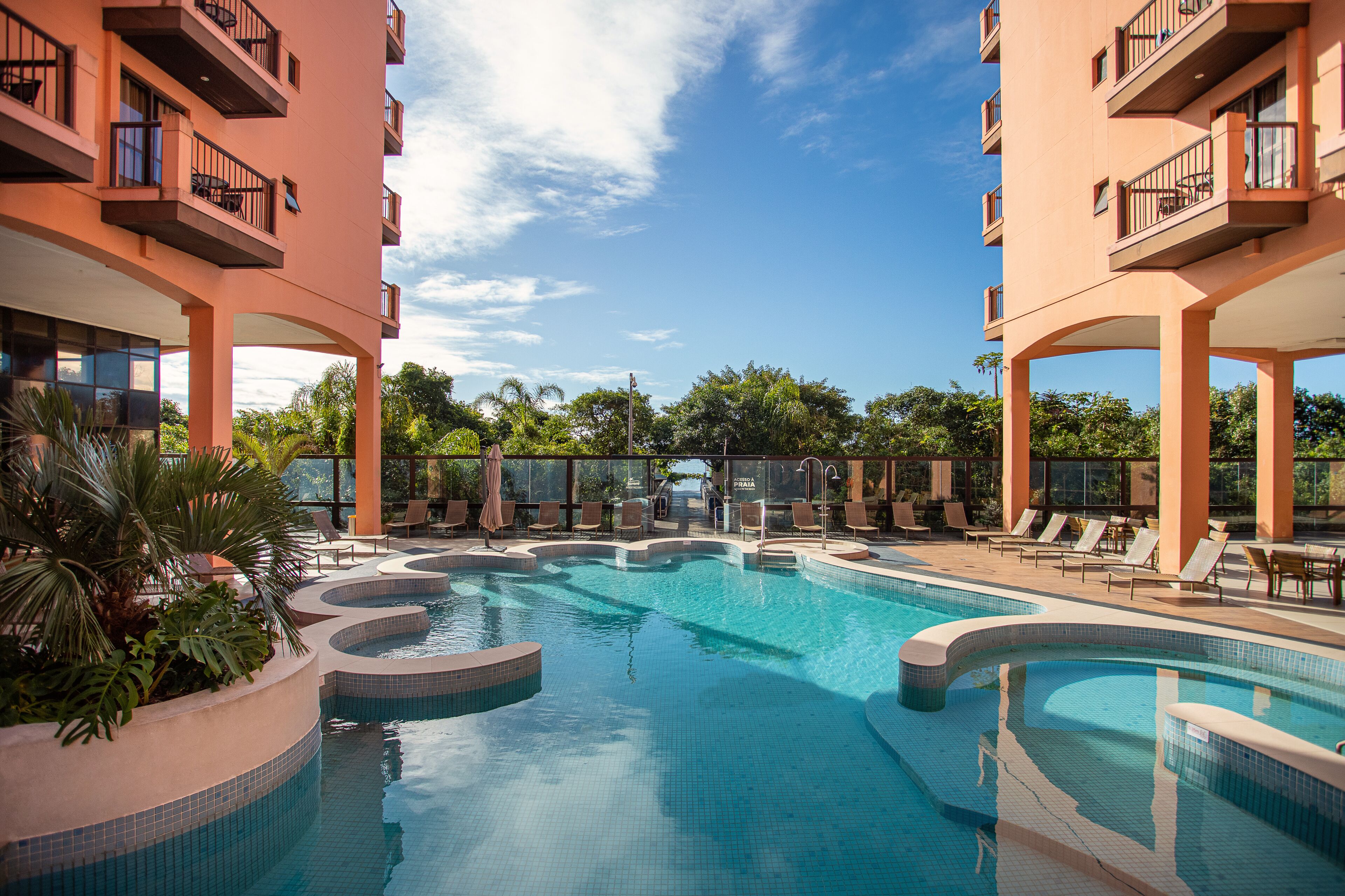 A swimming pool with a curved design, surrounded by lounge chairs and palm trees.