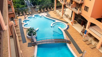 Outdoor pool, pool umbrellas, pool loungers