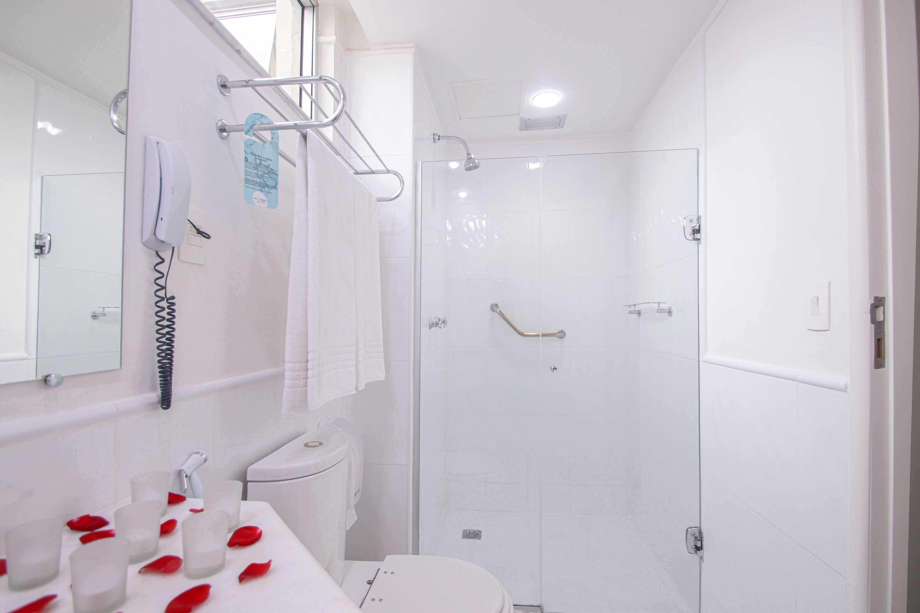 shower, free toiletries, hair dryer, towels