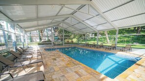 Indoor pool, outdoor pool, sun loungers