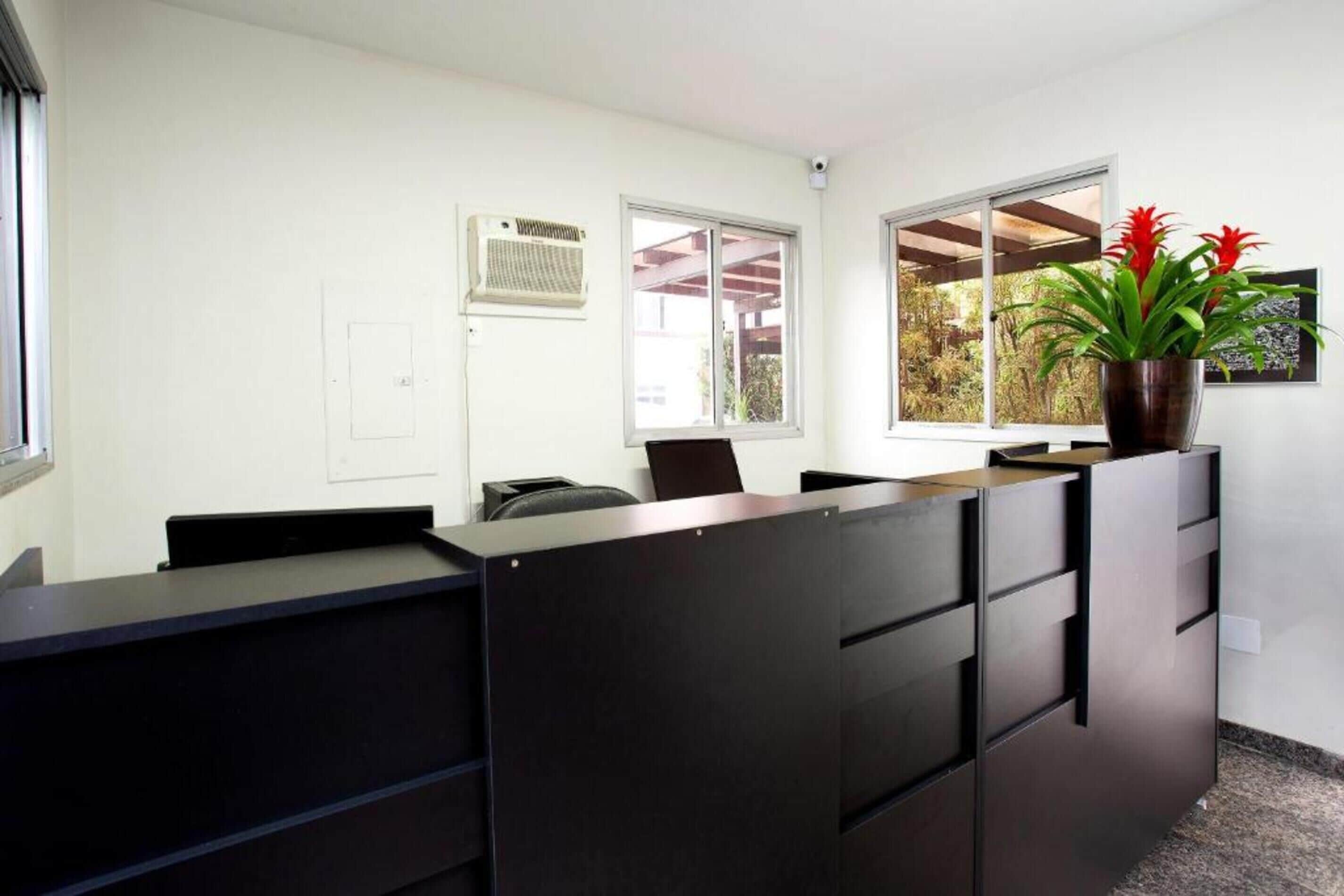 Een receptiegedeelte met een donker receptiebalie, twee ramen met uitzicht op groen, en een airconditioner aan de muur.