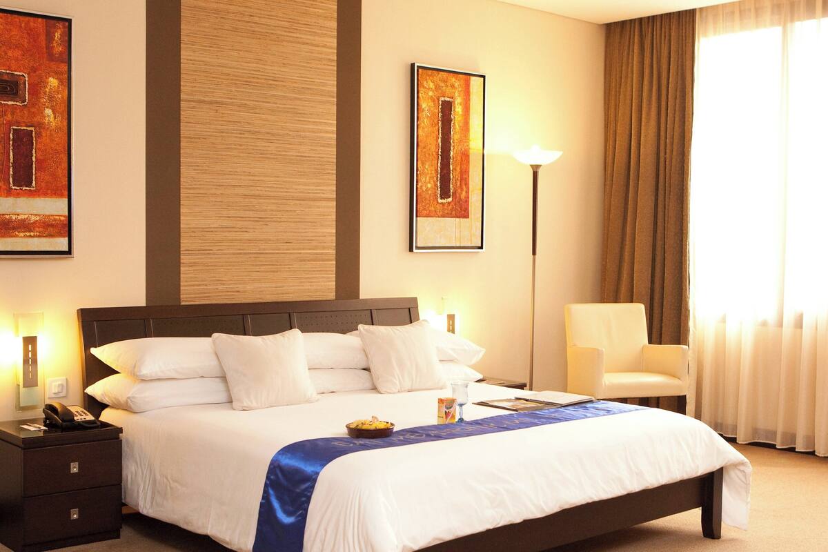 Habitación de hotel con una cama grande, una mesita de noche con teléfono, una silla y obras de arte en las paredes.