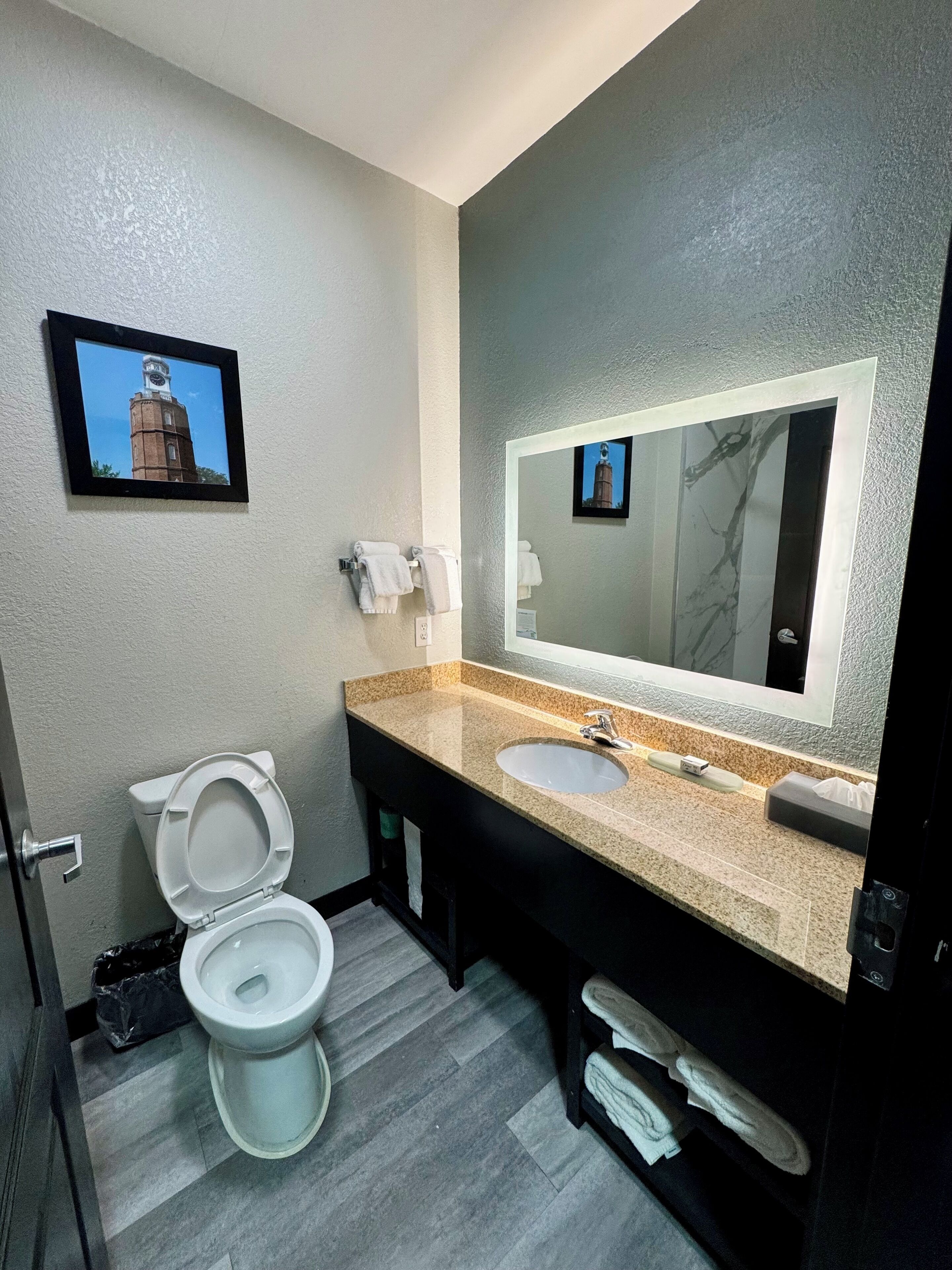 Une salle de bain moderne avec des toilettes, un lavabo et un grand miroir.