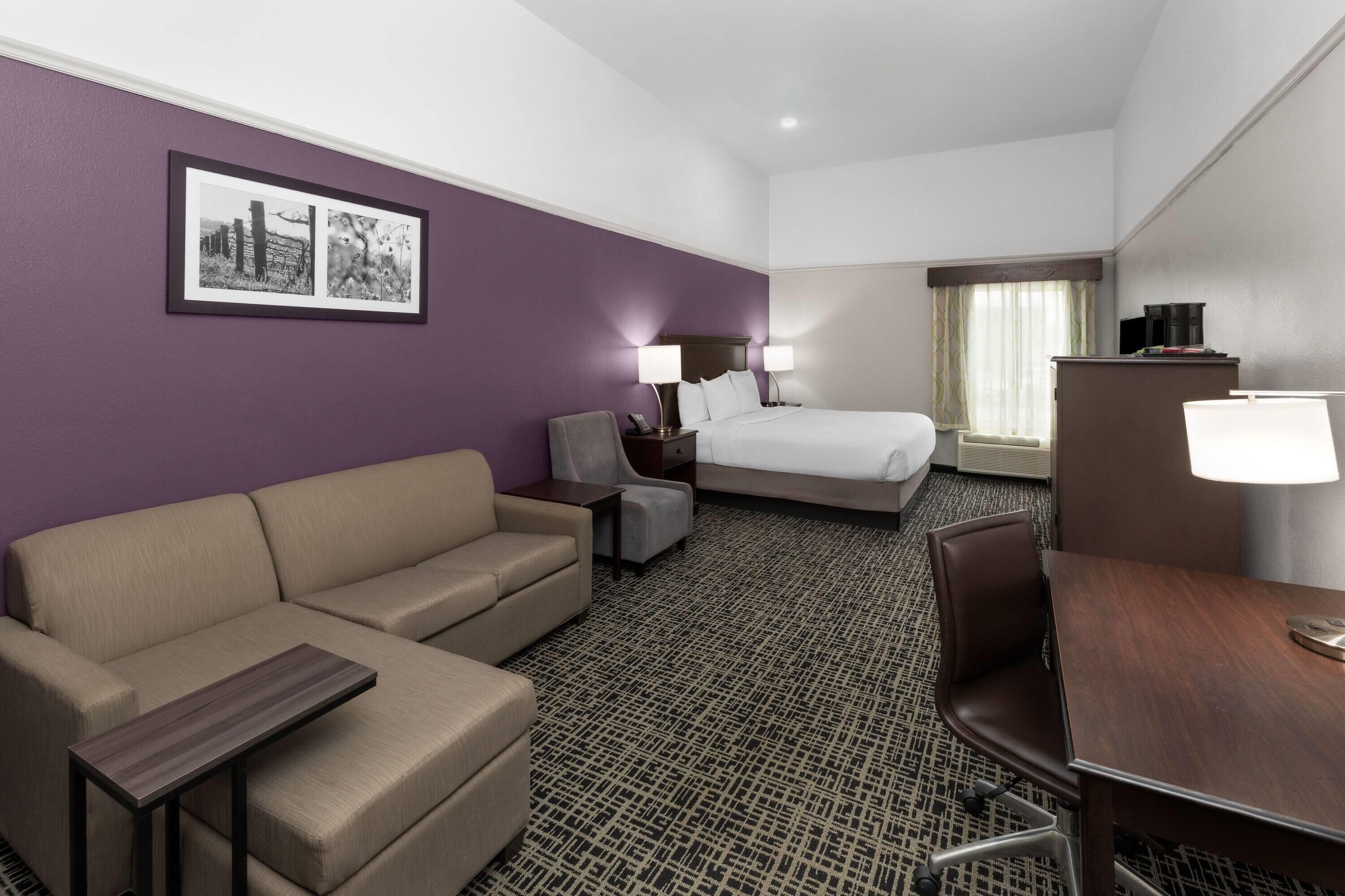 A hotel room with a bed, a sofa, a desk, and a chair. There is a picture on the wall and a lamp on the desk.