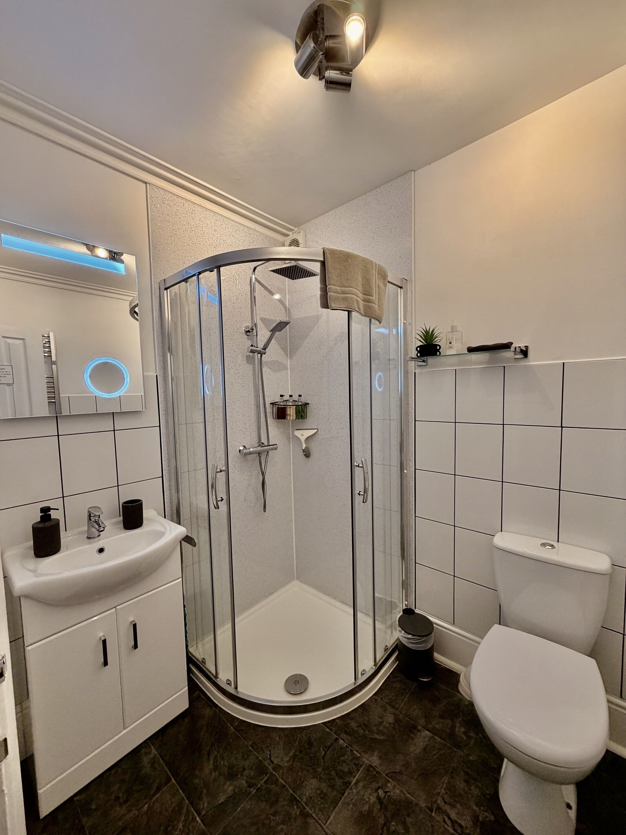 A modern bathroom with a glass-enclosed shower, a white sink, and a toilet.