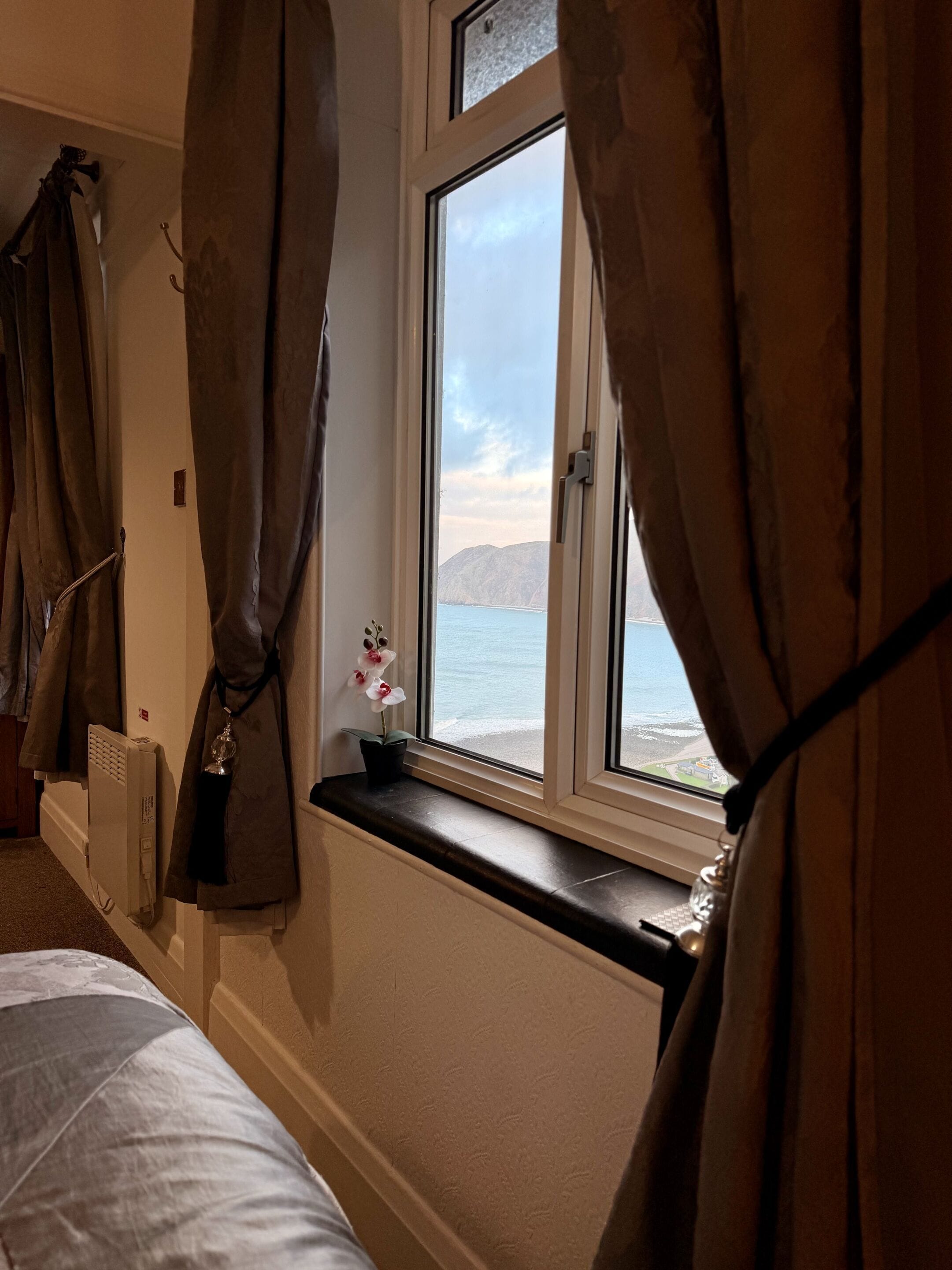 A bedroom with a window overlooking a beach, curtains, a radiator, and a small potted plant.