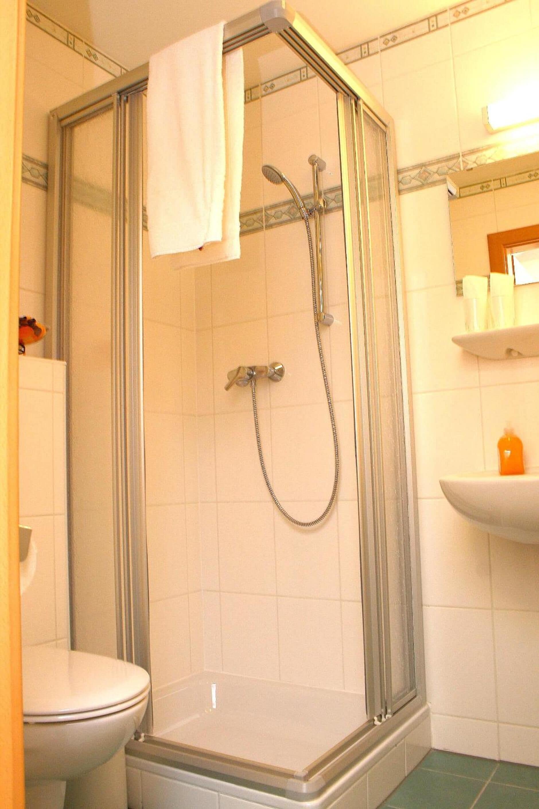 A bathroom with a glass-enclosed shower, a toilet, and a sink with toiletries.
