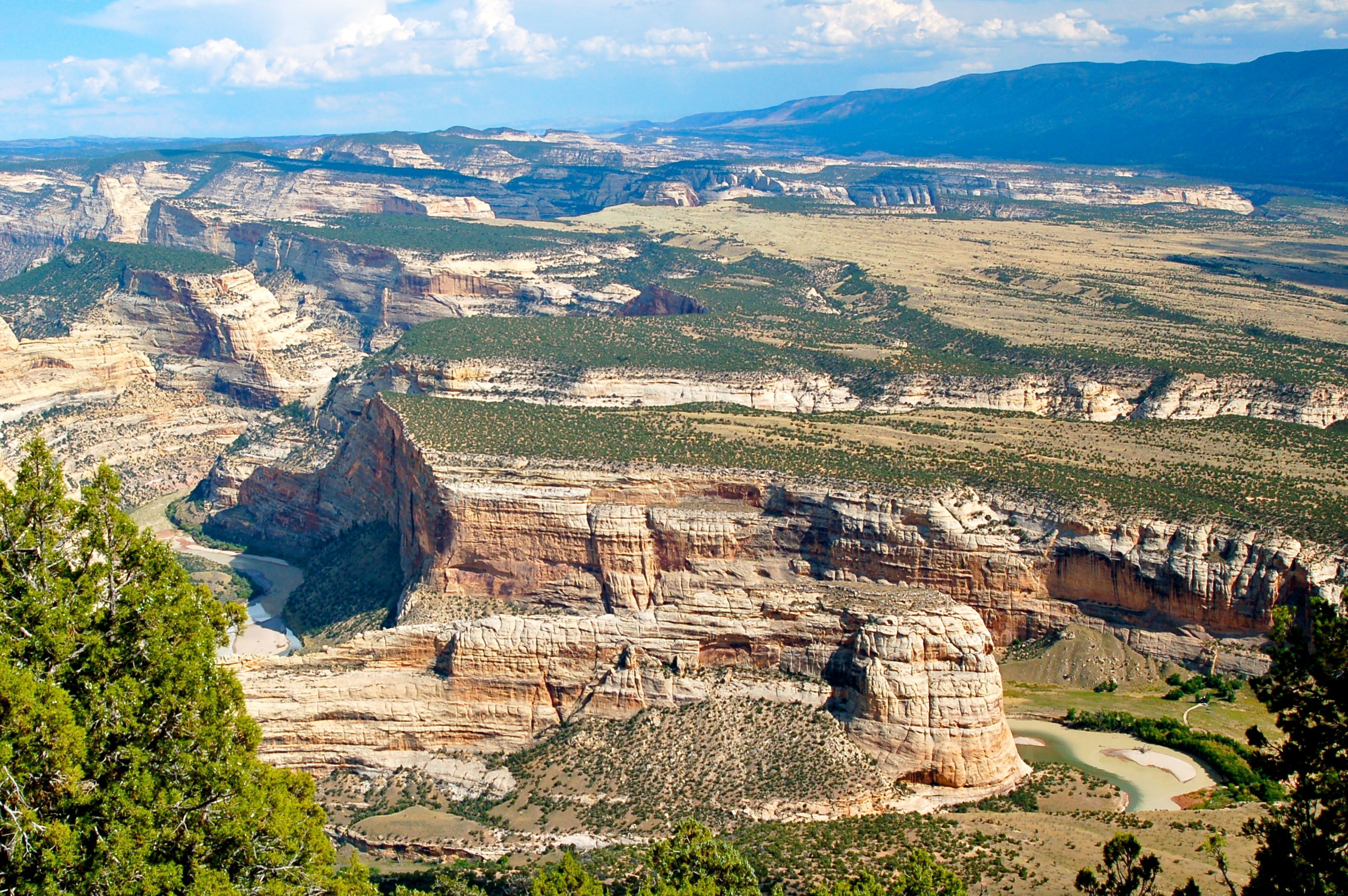 A panoramic view of a canyon with layered rock formations, a river, and sparse vegetation.