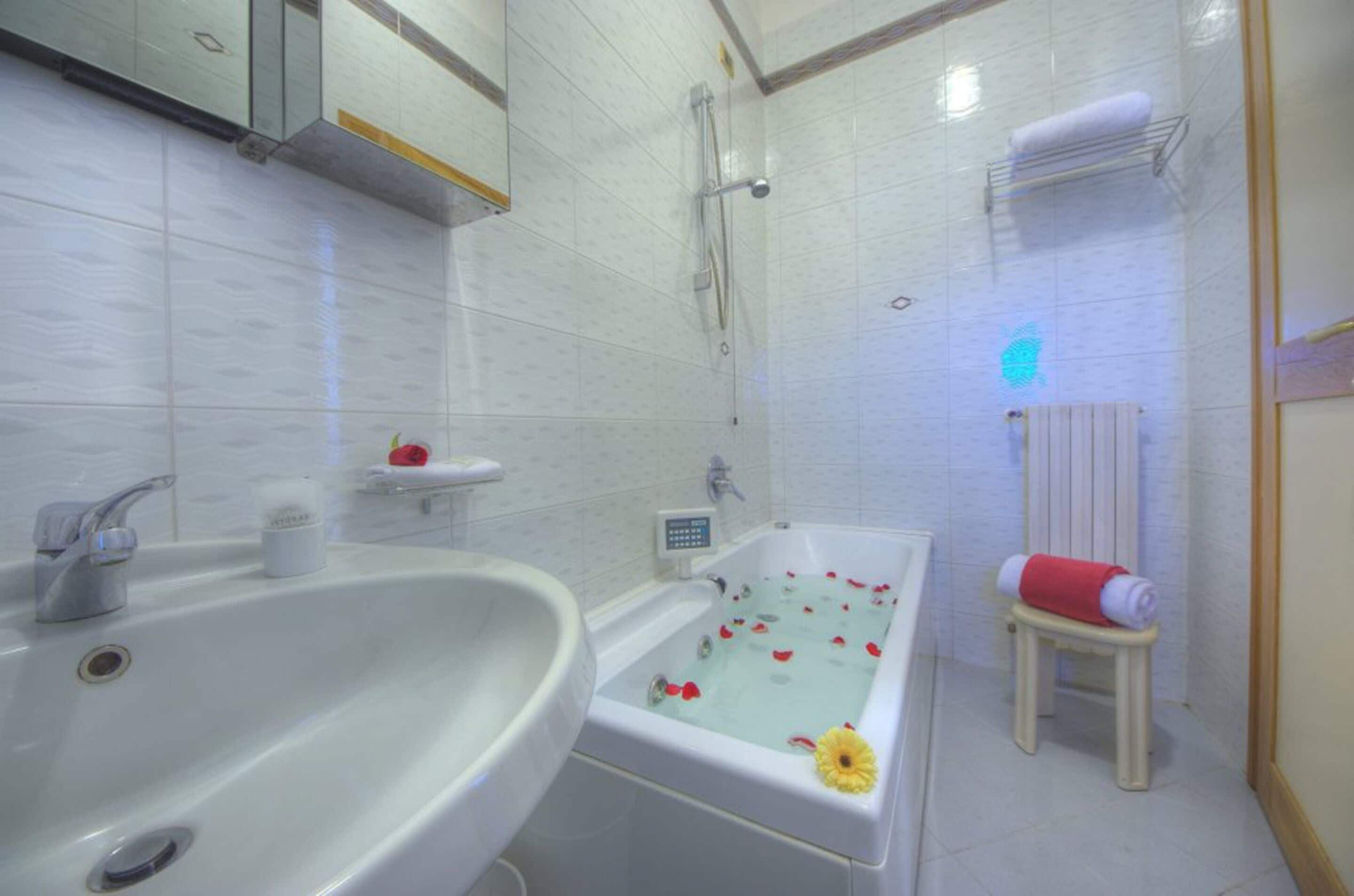 Un baño con una bañera grande, un lavabo y zona de ducha.