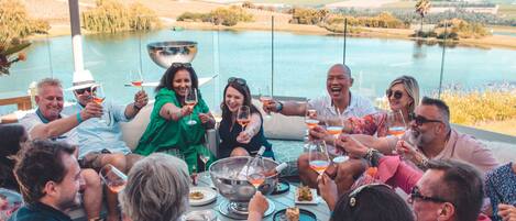 A group of people toasting at a table with a scenic lake view in the background.