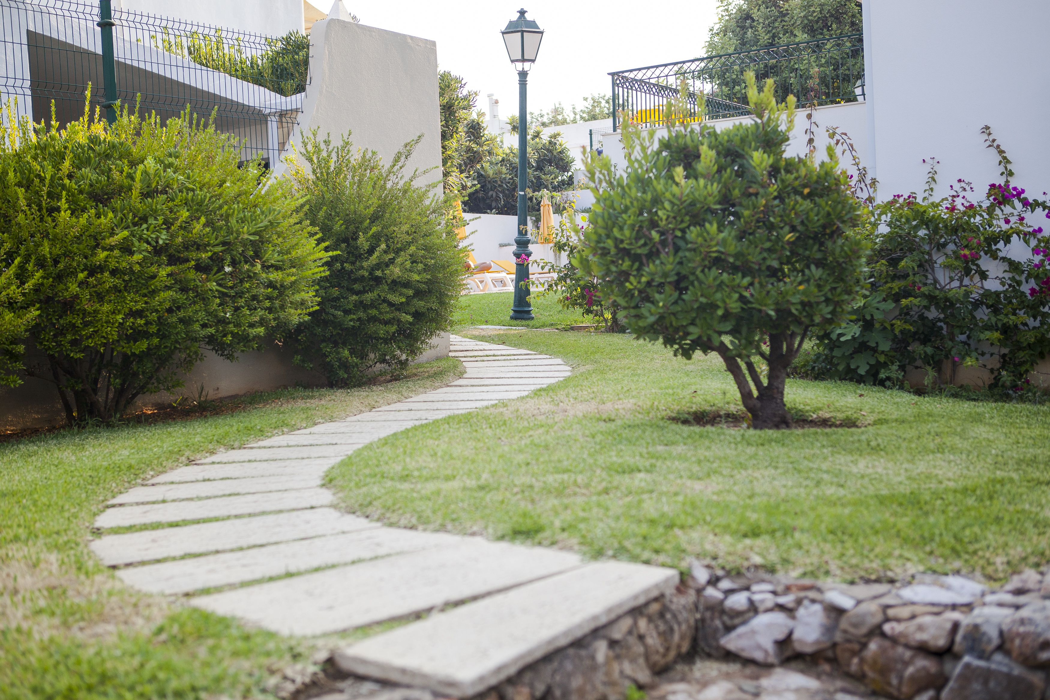 Un sendero de piedra serpentea por un jardín cuidado, con arbustos podados y una farola.