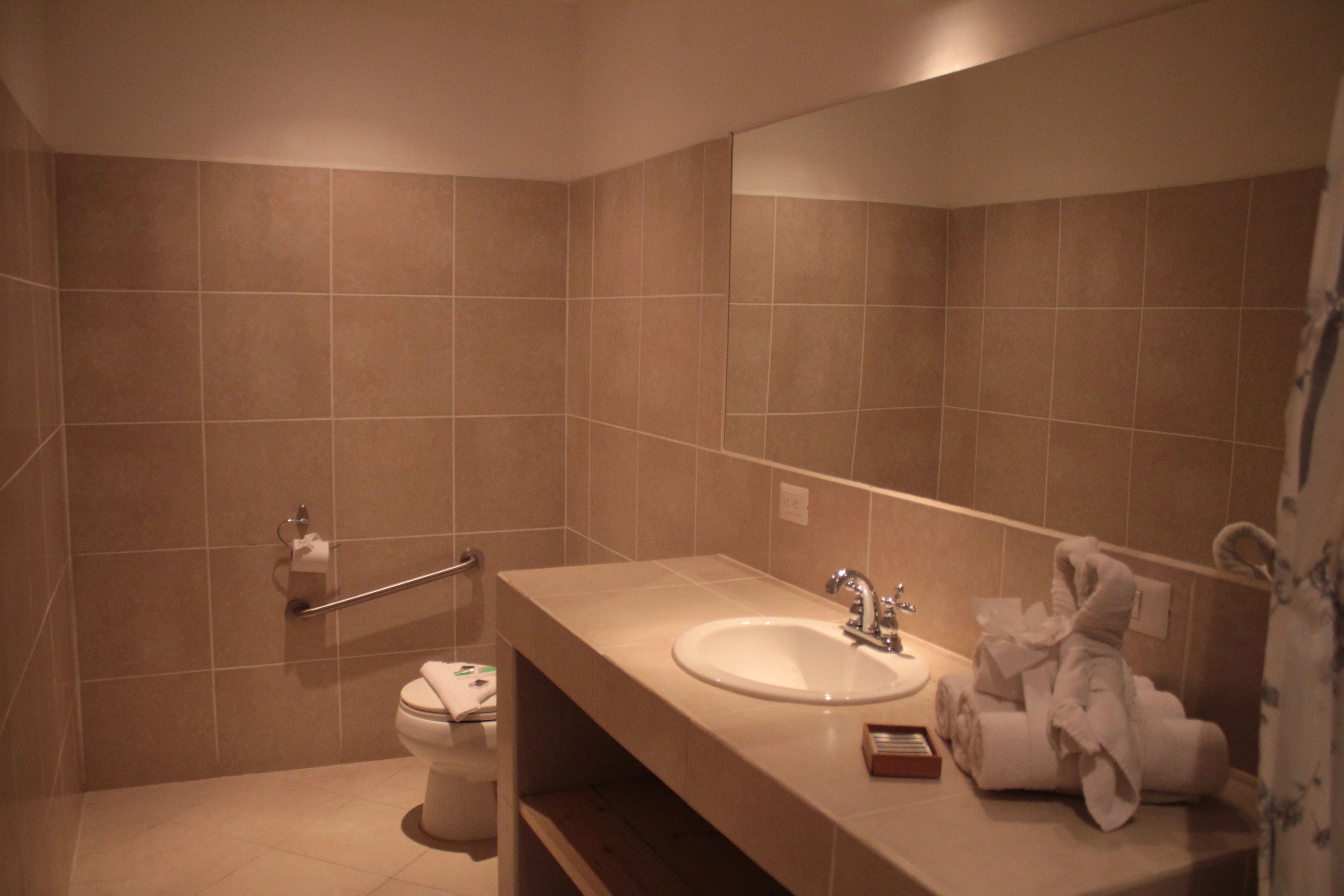 Une salle de bain équipée d’un lavabo, d’un miroir et d’un porte-serviettes.
