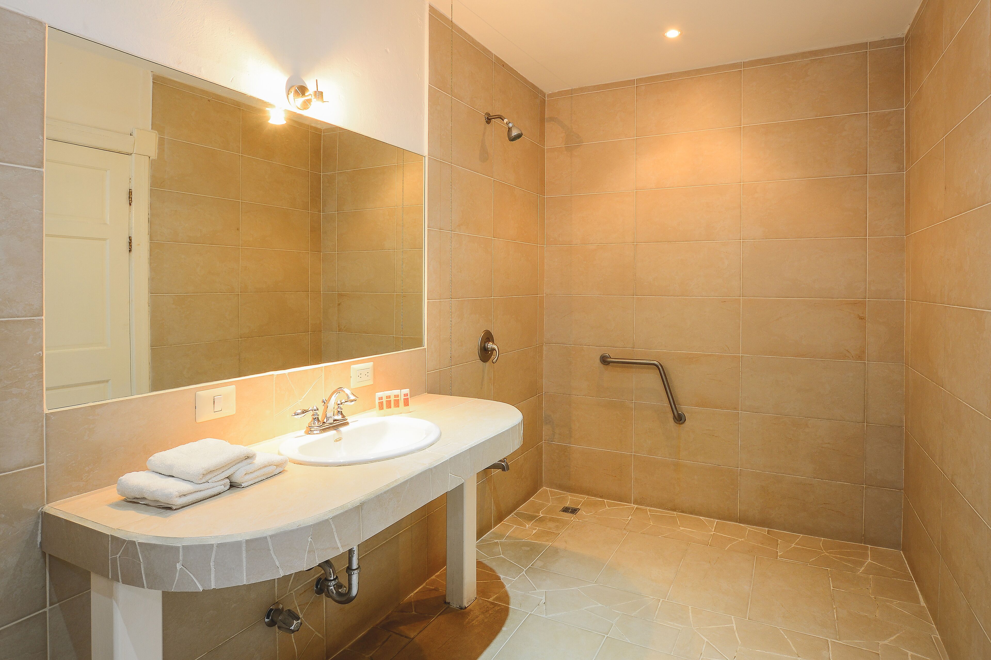 standard room | bathroom | shower, hair dryer, towels, soap