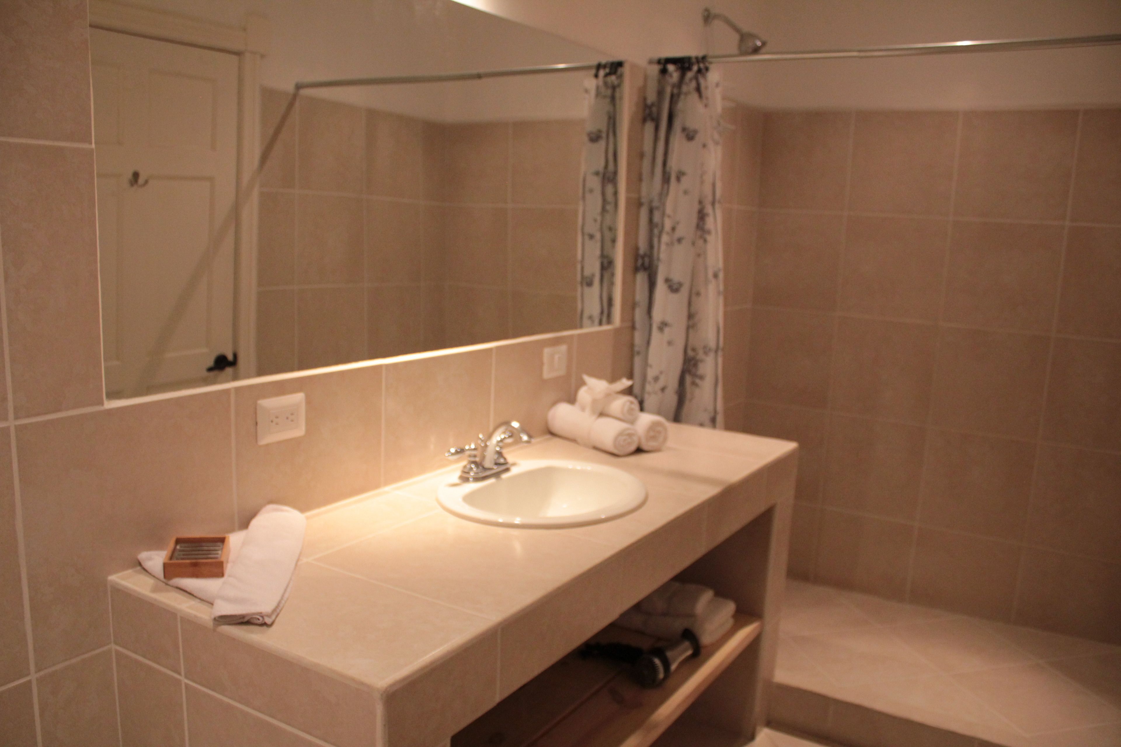 A bathroom with a sink, mirror, and shower.
