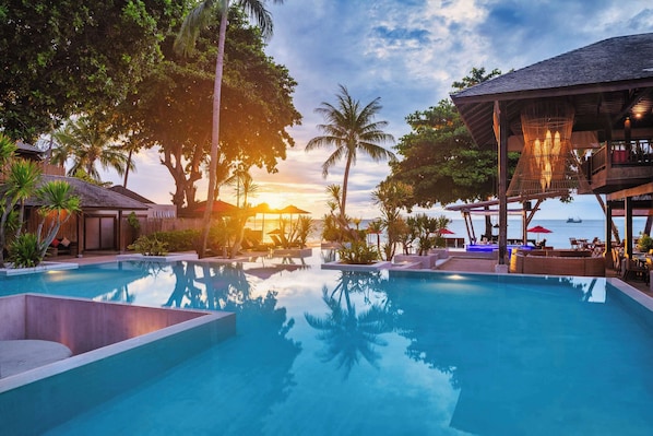 Outdoor pool, pool umbrellas, pool loungers