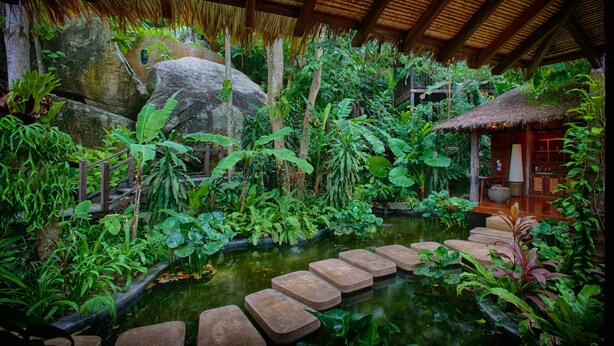 A lush indoor garden with a pond, stone steps, and a thatched-roof structure.