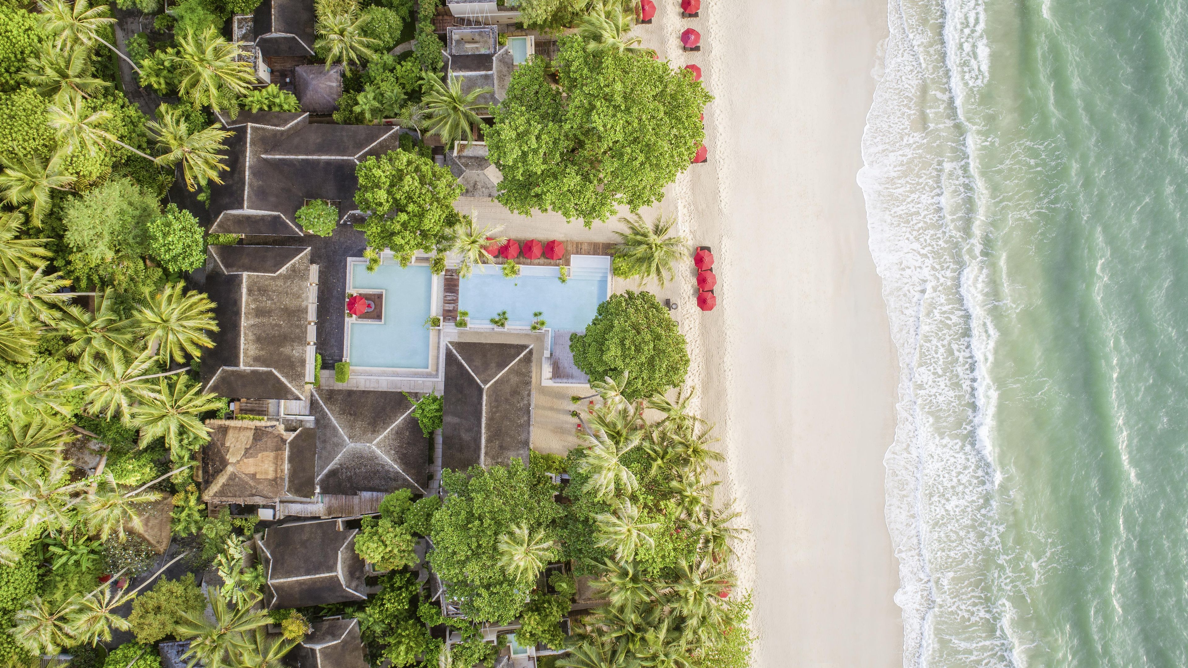 An aerial view of a resort with a pool, beach, and palm trees.