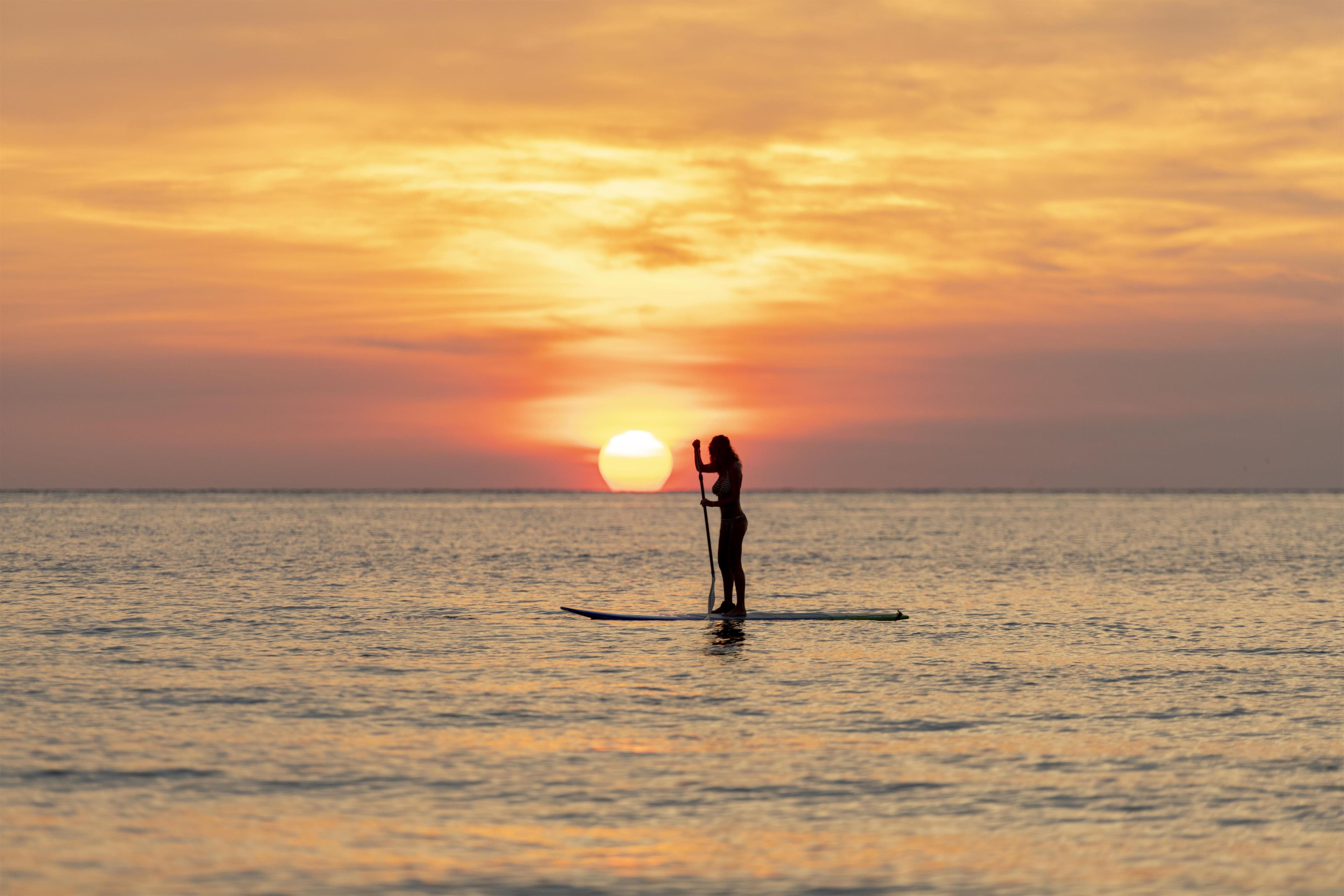 A person paddleboarding on calm water during sunset.