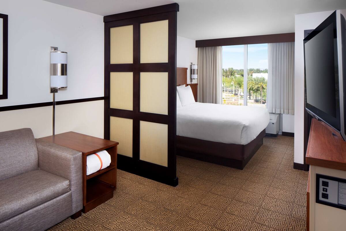 A hotel room with a bed, a sofa, a TV, a sliding door, and a view of the outdoors.