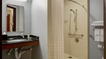 Hair dryer, towels, soap, shampoo