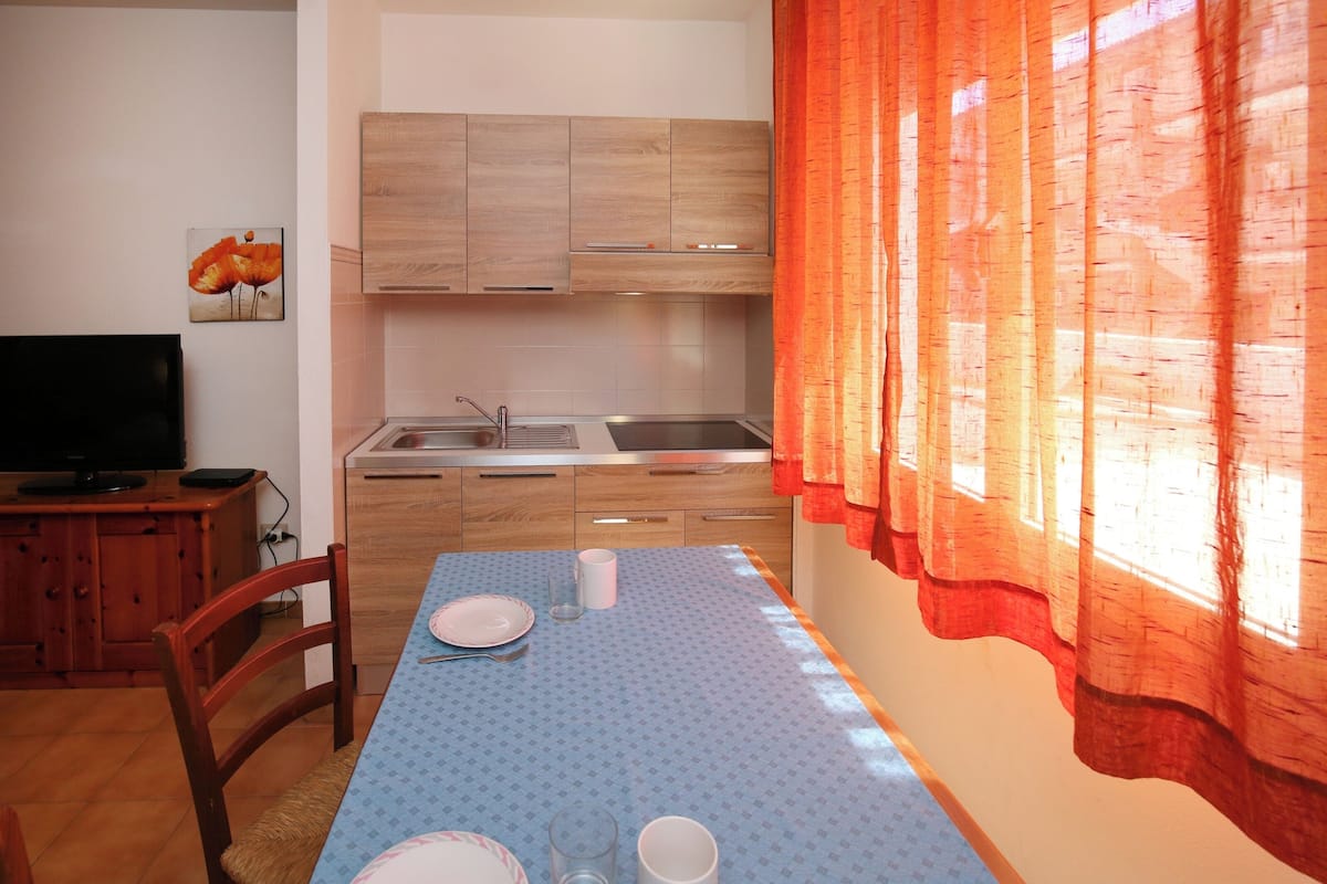 A compact kitchen with wooden cabinets, a dining table with a blue tablecloth, and a TV on a wooden cabinet.
