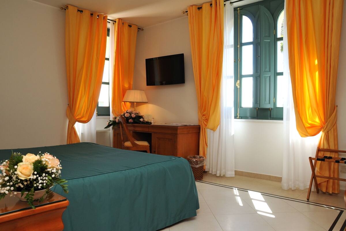 Une chambre d’hôtel avec un lit, un bureau, une chaise, une télévision et une fenêtre avec des rideaux.