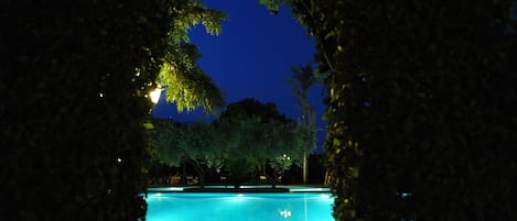 A nighttime view of a swimming pool surrounded by trees, with a clear sky above.
