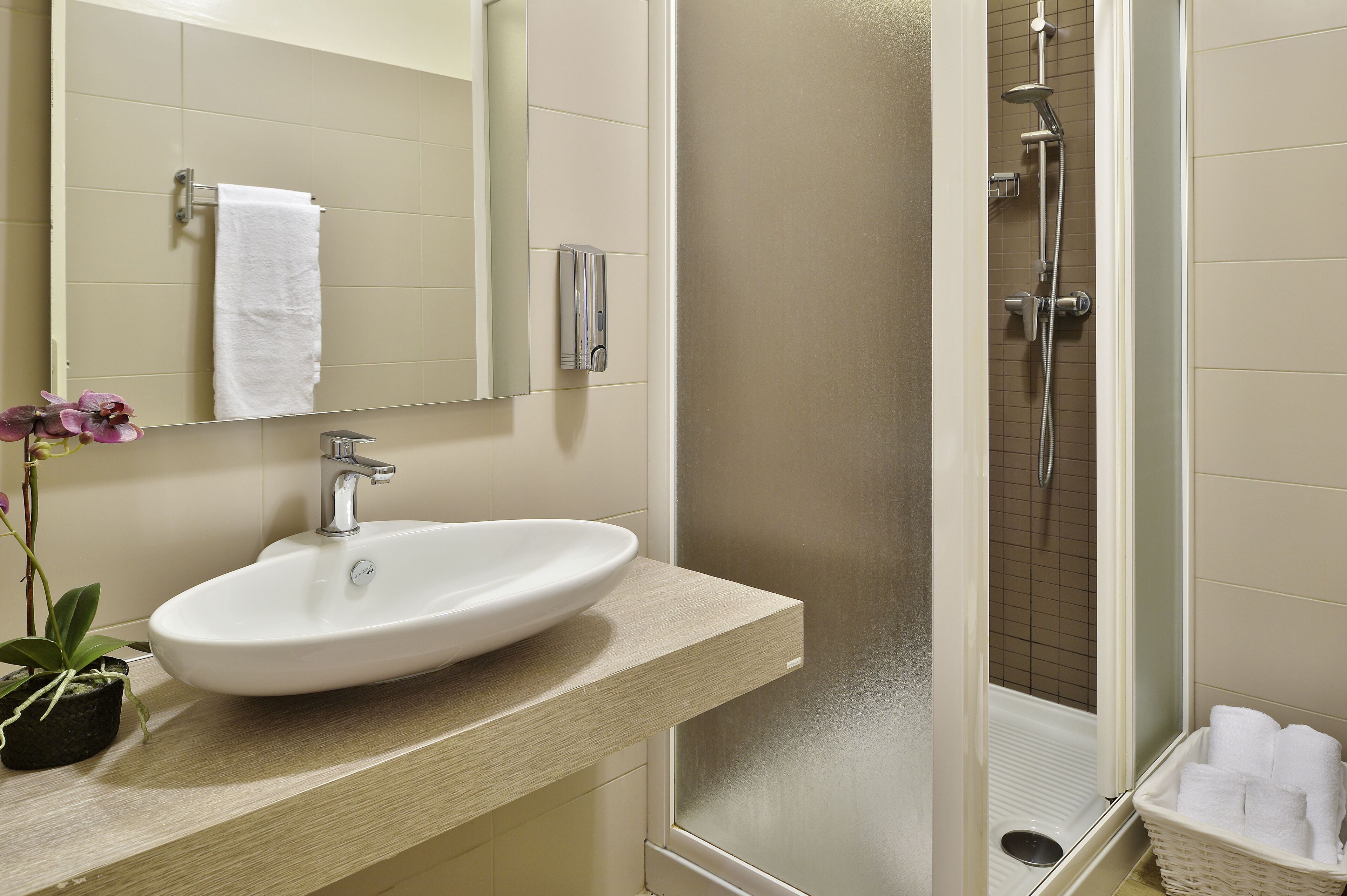 Een badkamer met een wastafel, spiegel en douche.