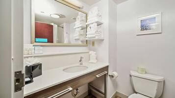 A modern bathroom with a sink, mirror, towel racks, and a toilet.