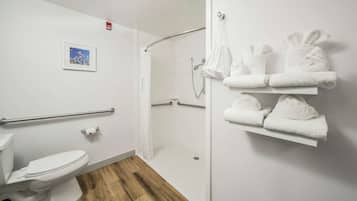 Ein modernes Badezimmer mit Toilette, Dusche und Handtuchhalter.