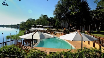 Outdoor pool, pool umbrellas, pool loungers