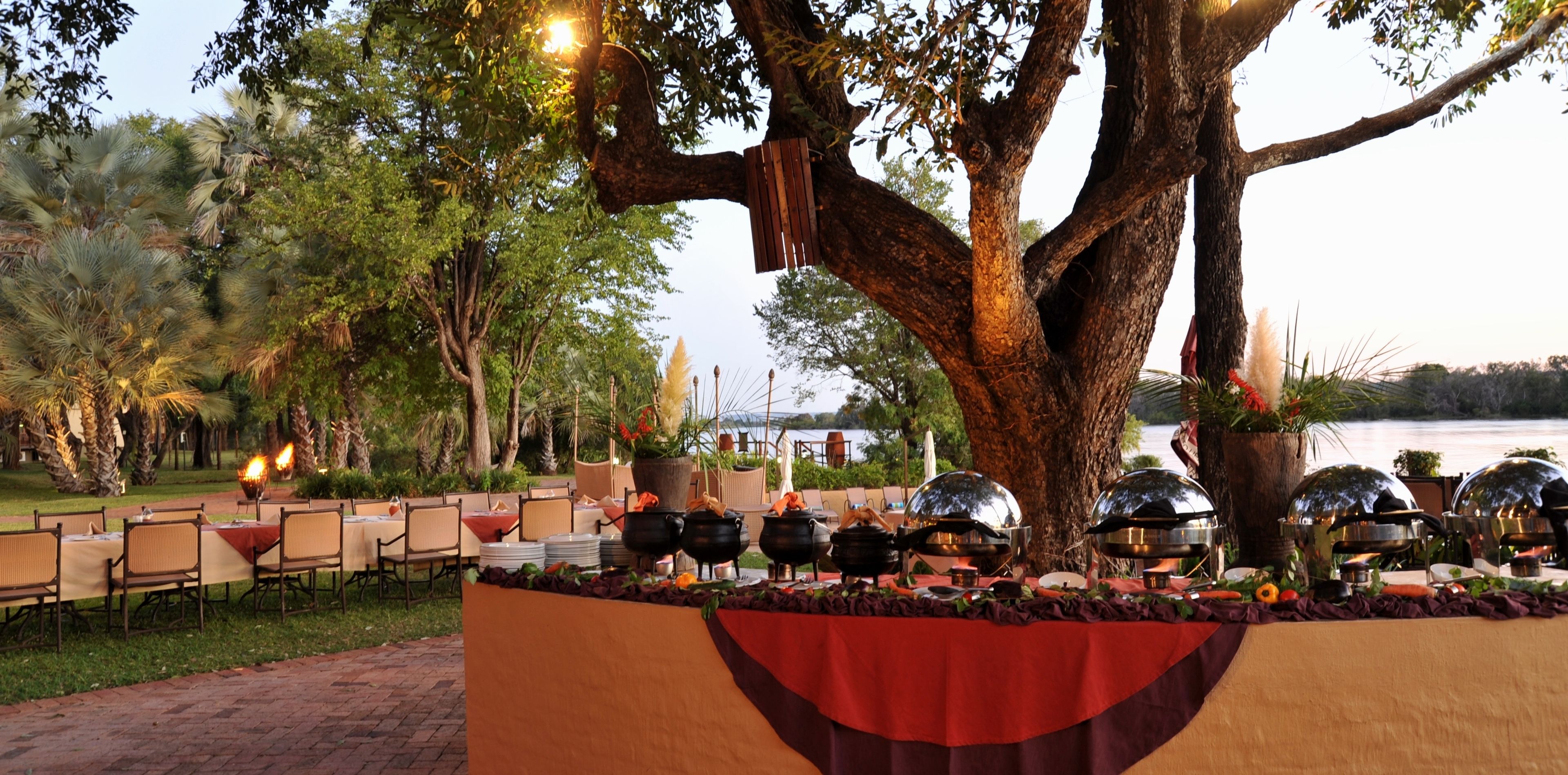 An outdoor dining area with tables set under a large tree, surrounded by greenery and a body of water in the background.