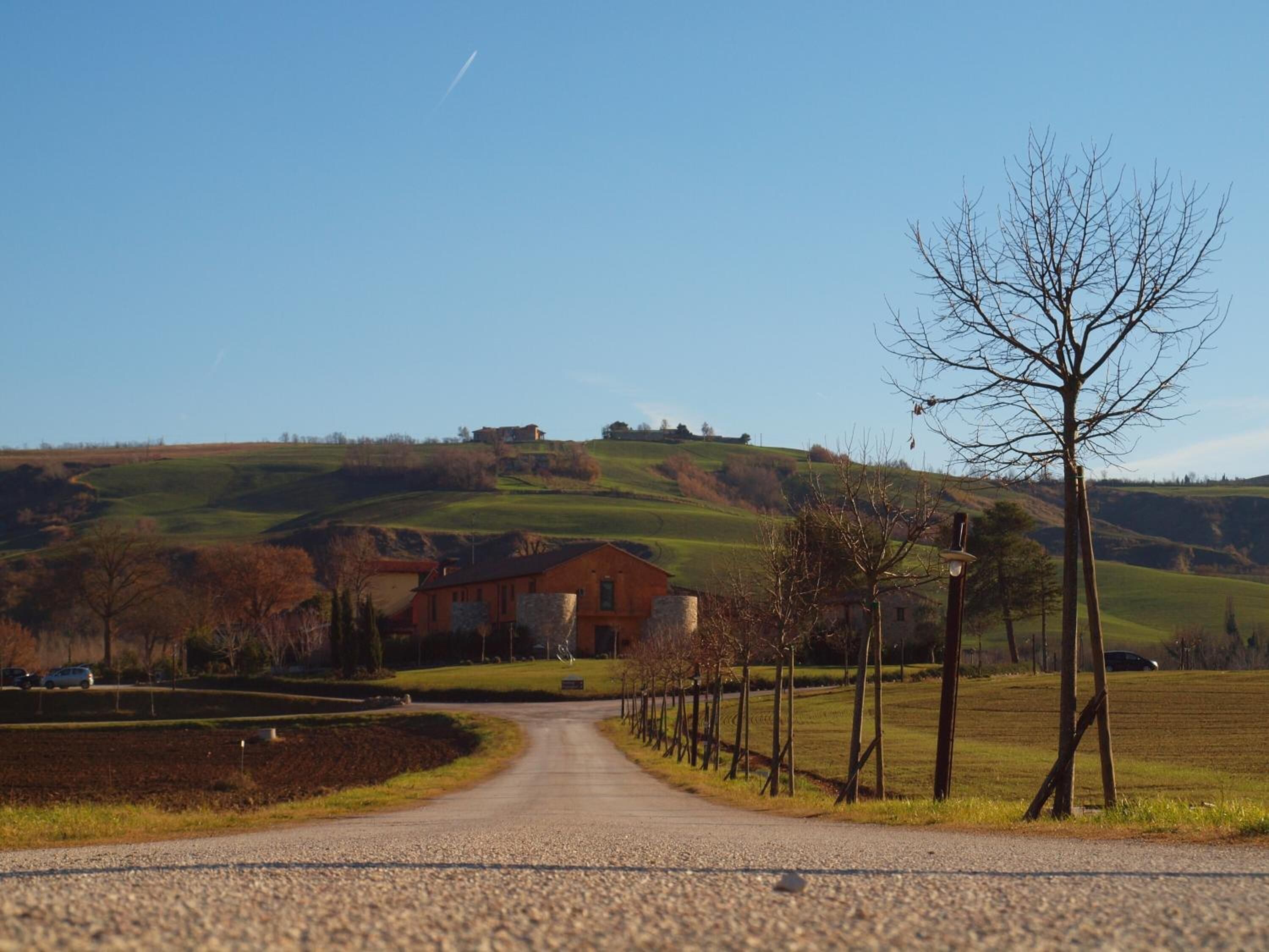 A rural road leading to a house surrounded by fields and hills.