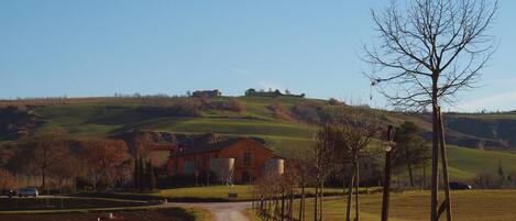 A rural road leading to a house surrounded by fields and hills.