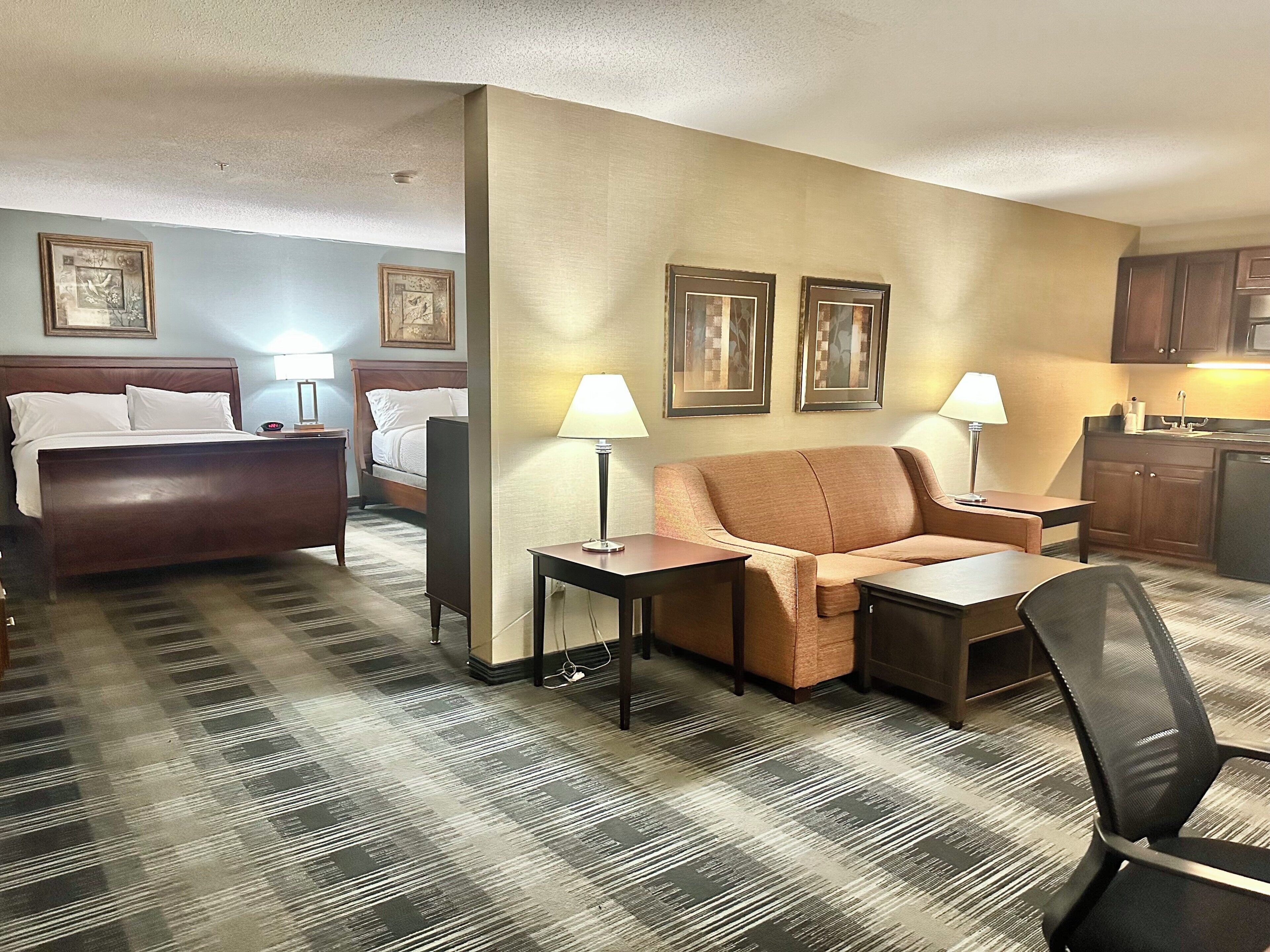 A hotel room with a bed, a sofa, a desk, a chair, a lamp, and a kitchenette.