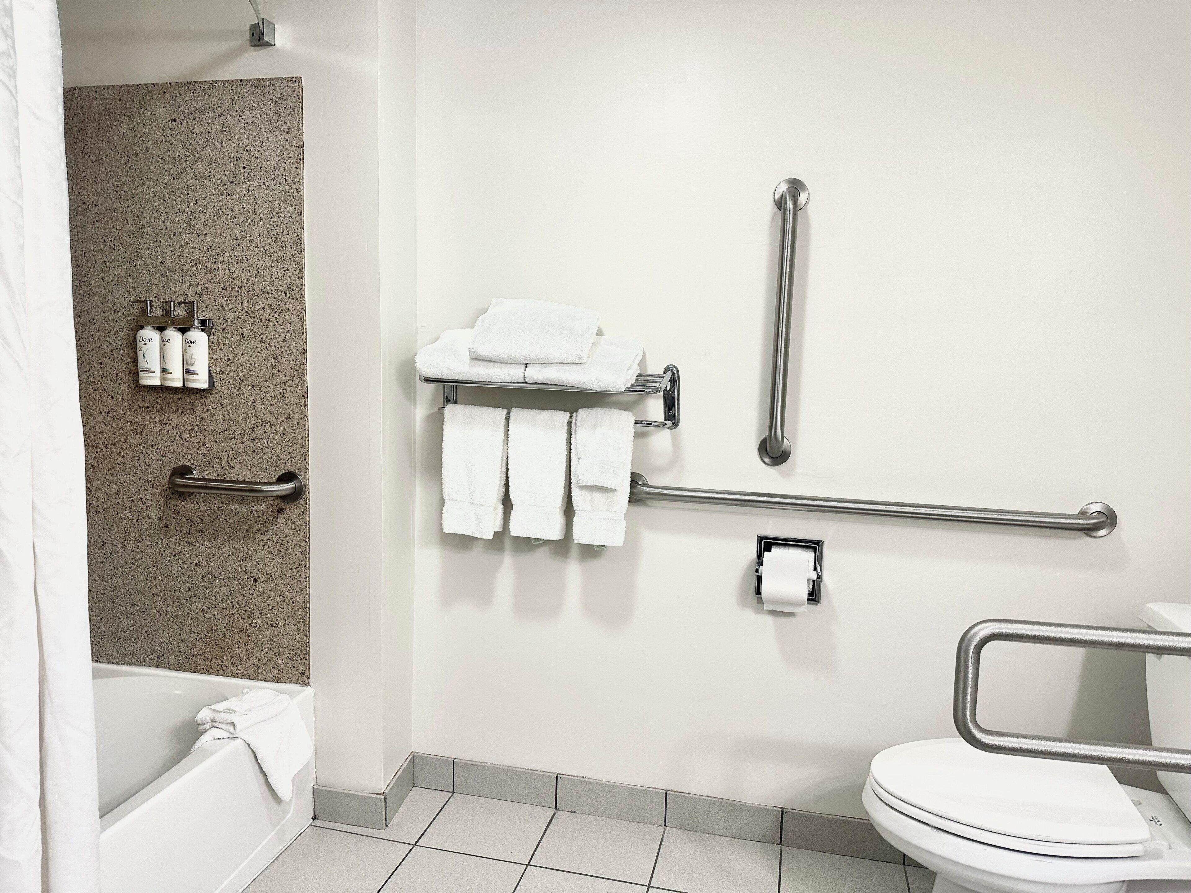 Ein Badezimmer mit Dusche, Haltegriffen, Toilette und Handtuchhalter.