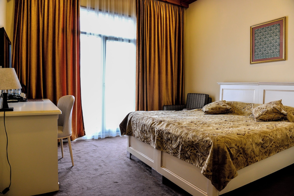 Ein Hotelzimmer mit Bett, Schreibtisch, Stuhl und einem fensterbepflanzten Fenster.