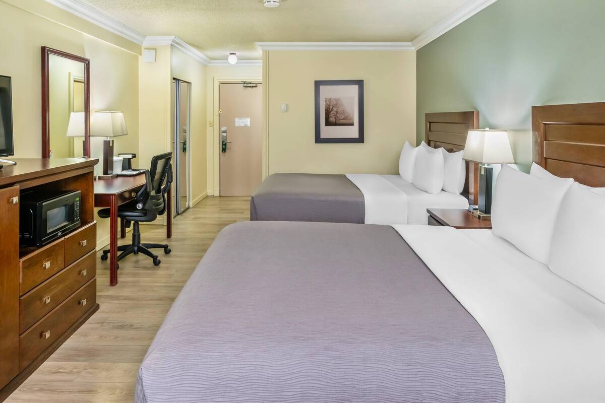 Quarto de hotel com cama, escrivaninha, cadeira e televisão.