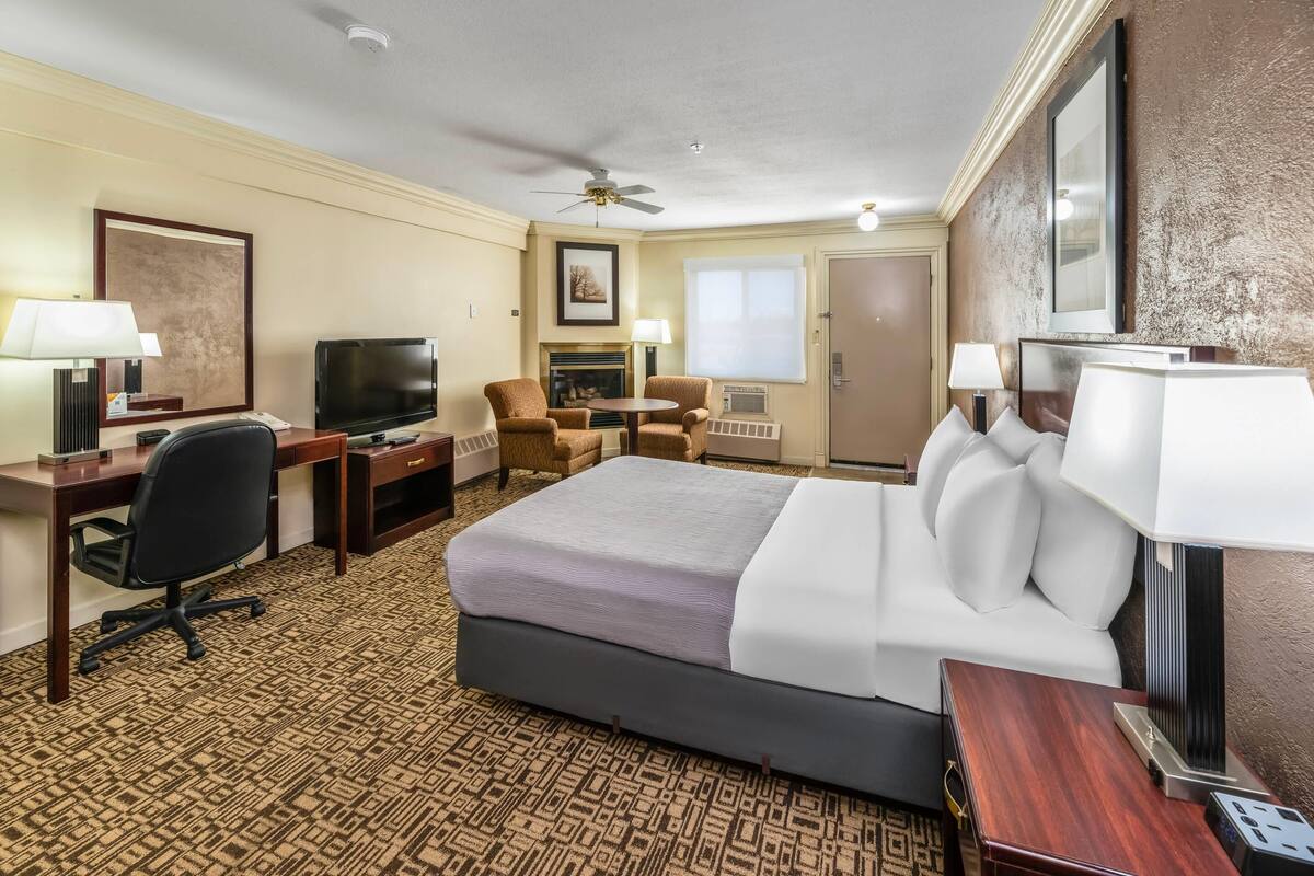 Quarto de hotel com cama, escrivaninha, cadeira, televisão e lareira.