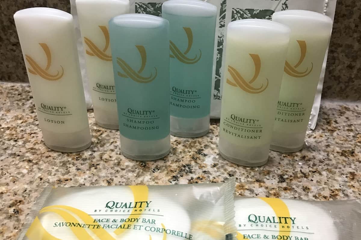 Combined shower/tub, free toiletries, hair dryer, towels