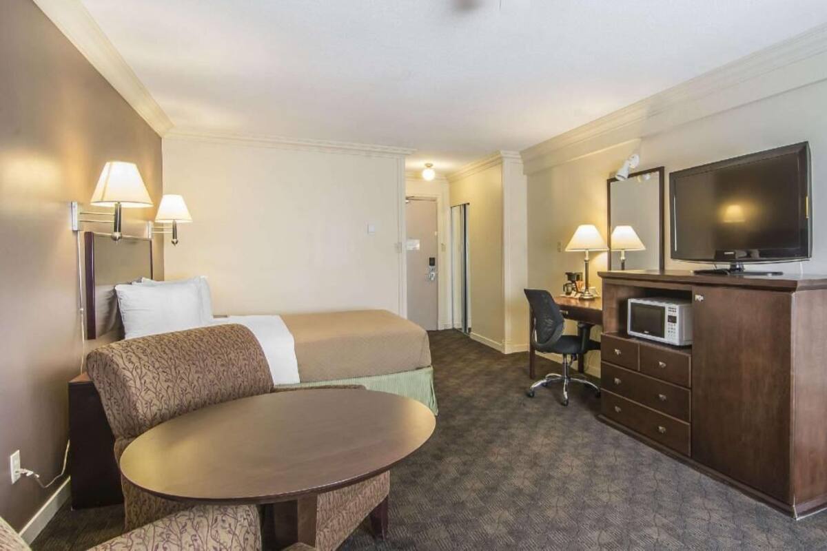 Quarto de hotel com cama, escrivaninha, cadeira, televisão, micro-ondas e duas luminárias de parede.