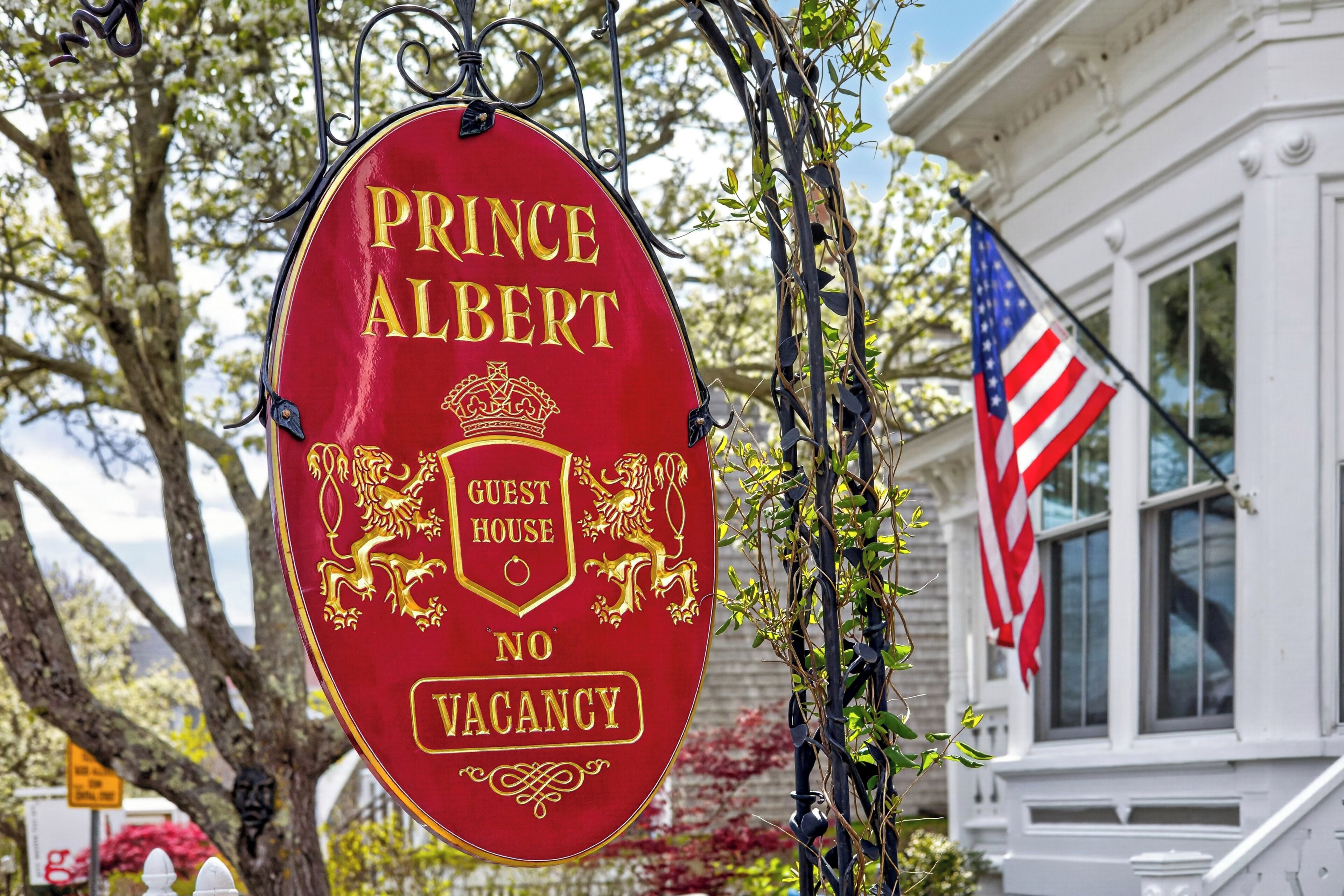 Um letreiro vermelho com a inscrição 'PRINCE ALBERT GUEST HOUSE NÃO DISPONÍVEL' e um emblema de coroa.