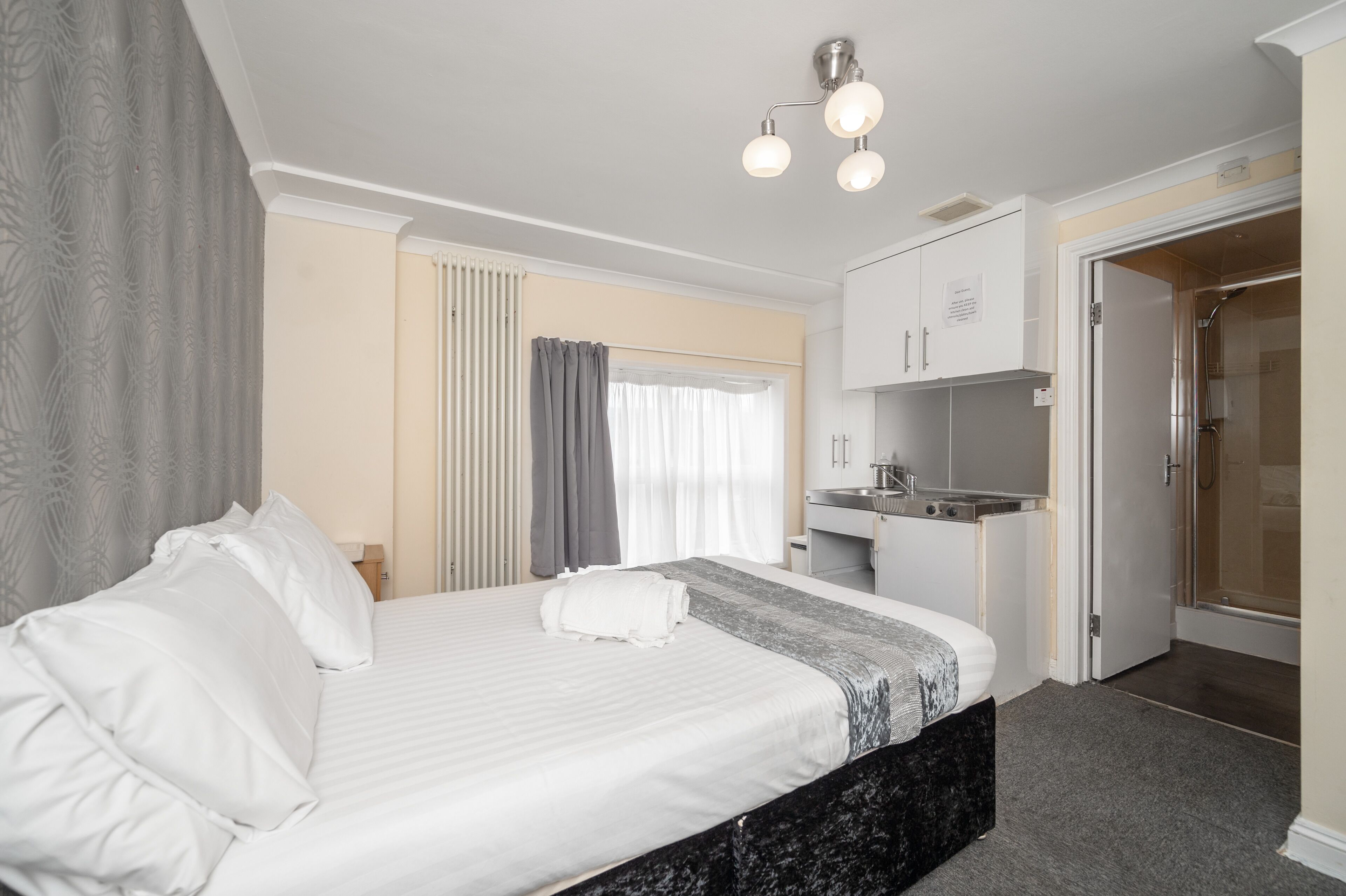 Habitación de hotel con cama, kitchenette pequeña y zona de ducha.